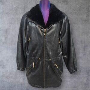 Vintage Pelle Black Leather Mid Length Coat Fur Trim Collar Size‎ Small Women's